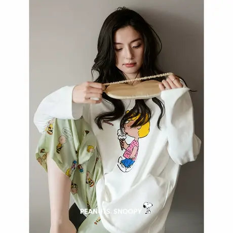 贝妍史努比睡衣女春秋新款柔软棉长袖家居服可爱卡通少女大码套装图片
