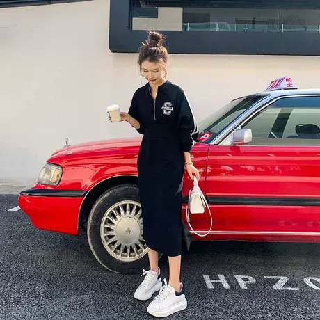 大码春秋装新款胖mm收腰韩版连衣裙女时髦显瘦慵懒风卫衣裙200斤商品大图