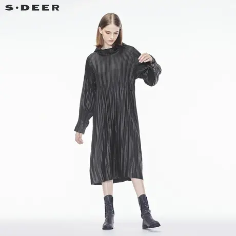 sdeer圣迪奥女装秋装新款肌理酷黑亮面休闲连帽连衣裙女S18381209图片