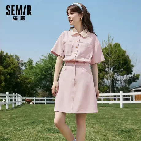 森马连衣裙女撞色娃娃领俏皮气质裙小个子夏季粉色文艺小清新裙子图片
