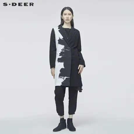 sdeer圣迪奥女装春秋黑白撞色翻驳领系带中长款风衣外套S20181813图片