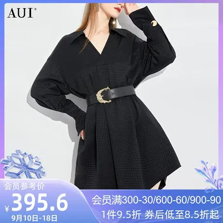 AUI黑色御姐气质衬衫连衣裙女2023春秋新款职业通勤轻熟v领修身裙图片