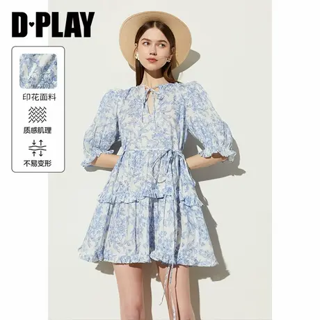 DPLAY【黑标】夏气质泡泡袖蓝色印花海边度假蛋糕裙连衣裙女图片