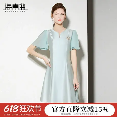 海青蓝 连衣裙夏女2025新款纯色拼接高端时尚气质小众胸针女装裙图片