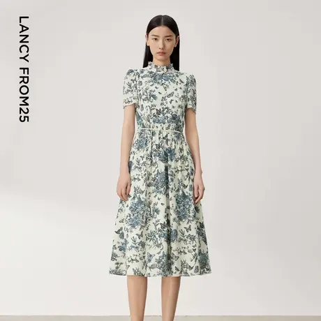 LANCY/朗姿2024夏季新款荷叶领蝴蝶复古印花连衣裙法式收腰裙子女图片