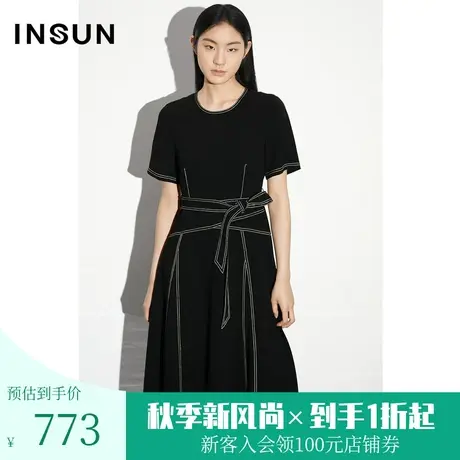 [醋酸系列]恩裳COVER2023夏新款特黑乱麻肌理撞色明线压线连衣裙图片
