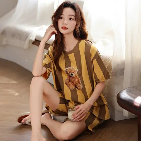 婷美夏季短袖睡衣女纯棉条纹套头宿舍学生薄款休闲家居服套装外穿图片
