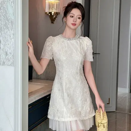 超仙减龄名媛风钉珠蕾丝连衣裙夏季重工刺绣小个子花边a字短裙女图片
