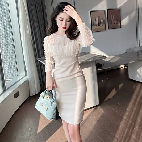轻熟风气质连衣裙秋季2023新款女装修身显瘦百搭包臀中长蕾丝裙子图片