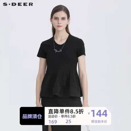 sdeer圣迪奥女装简约圆领拼接不规则短袖T恤S21280164商品大图