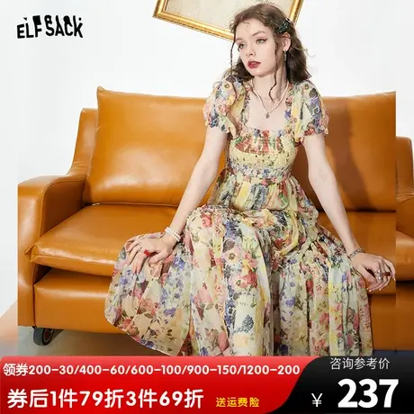 妖精的口袋法式方领连衣裙女2023夏季新款泡泡袖高定雪纺碎花裙子图片