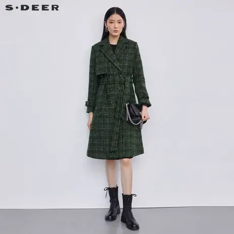 sdeer圣迪奥冬装女装西装领格纹长款毛呢大衣S224Z2543图片