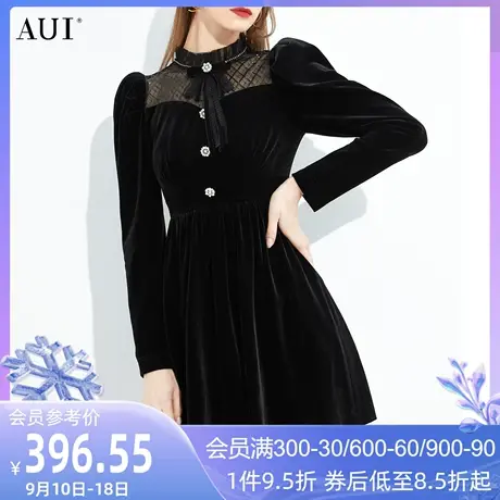 AUI法式复古蝴蝶结丝绒连衣裙女2023秋冬新款黑色网纱年会小黑裙图片