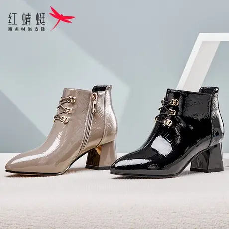 红蜻蜓女士皮鞋短靴时装靴冬季中帮粗跟新款靴子高跟短筒皮靴商品大图
