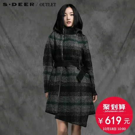 s.deer圣迪奥女装中长款毛呢大衣立领连帽外套S15481809图片