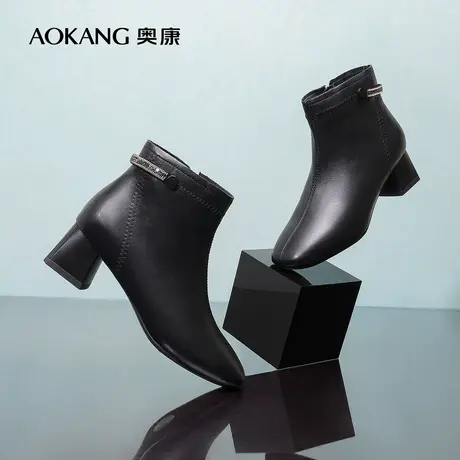 【门店发货】奥康女鞋 2022冬季新款时装靴舒适粗高跟休闲简约潮图片