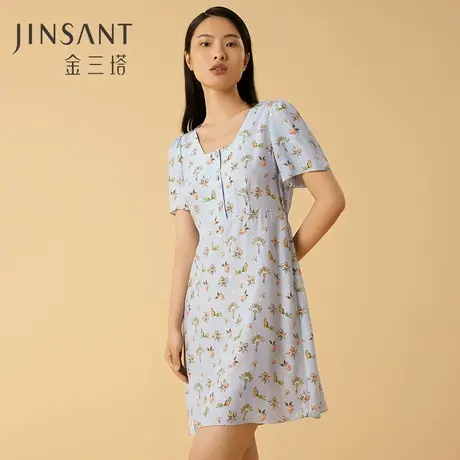 金三塔100%桑蚕丝印花复古方领女士真丝睡裙时尚可爱家居服新品图片