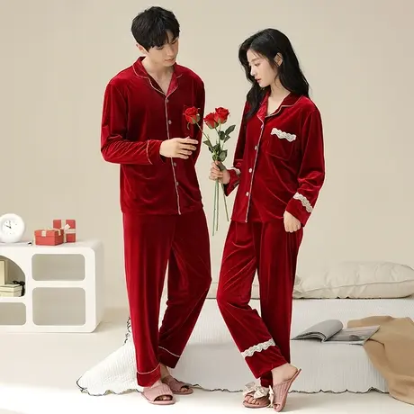 红色睡衣女春秋冬结婚新婚情侣套装冬季金丝绒新娘新郎男士本命年商品大图