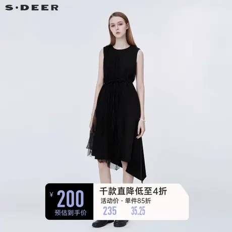 sdeer圣迪奥女装夏季肌理网纱拼接系带气质无袖连衣裙S20281284图片