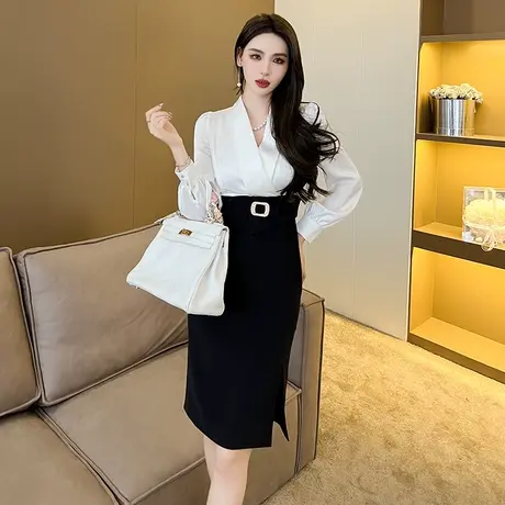 时尚职业装黑白拼色V领连衣裙2024新款气质女神范收腰显瘦包臀裙图片