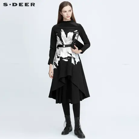 sdeer圣迪奥秋冬字母印花原创不规则摆收腰显瘦连衣裙女S20481229图片