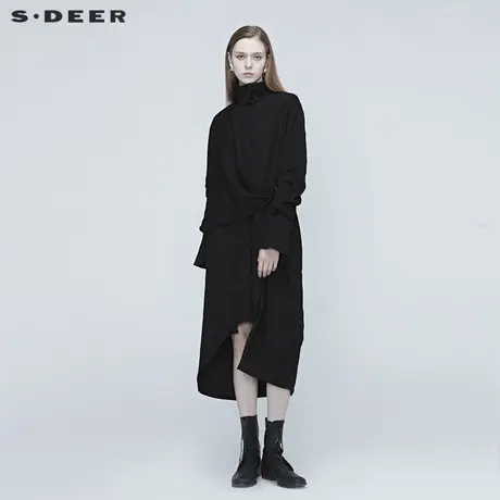 sdeer圣迪奥春装设计师款不对称拼接立领黑色风衣外套女S20381803图片