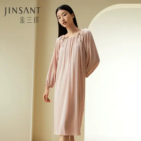 不易皱桑蚕丝】金三塔宽松慵懒复古睡裙睡衣家居服长袖过膝可外穿图片