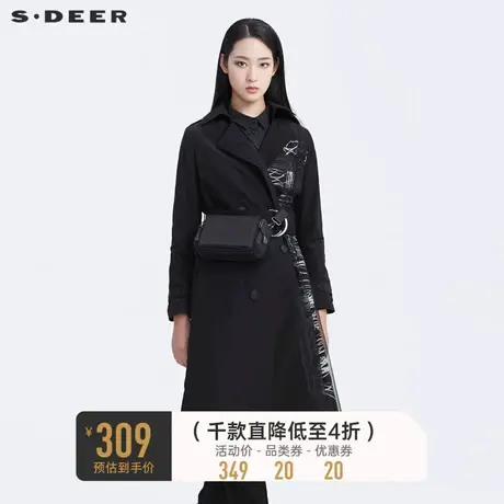 sdeer圣迪奥秋冬白色涂鸦腰带网纱拼接翻领黑色长款风衣S20181811图片
