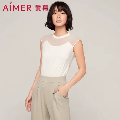 爱慕睡衣女可外穿内搭舒适百搭圆领小包袖白色无袖上衣AM725612图片