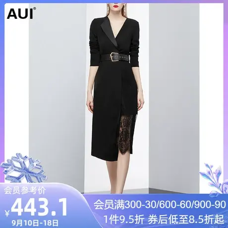 AUI欧洲站黑色中长款不规则V领连衣裙女春2023新款拼接蕾丝裙子图片