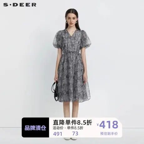 sdeer圣迪奥女装V领碎花收腰泡泡袖连衣裙S223Z12N5图片