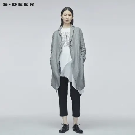 sdeer圣迪奥春秋女装褶皱艺术肌理亚麻纯色西装风衣外套S20181706图片