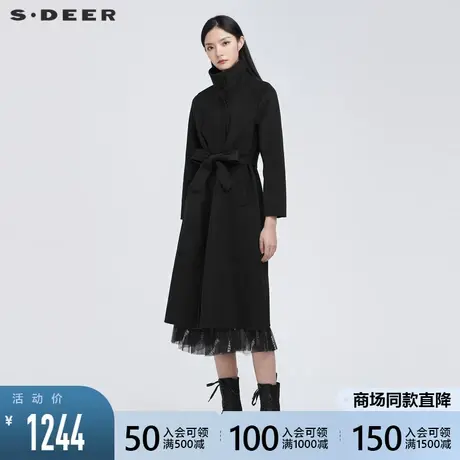 sdeer圣迪奥女装休闲立领收腰中长款毛呢大衣S20481801图片