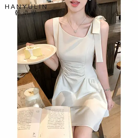 韩语琳 8/18 韩系氛围蝴蝶结褶皱连衣裙女2025新款约会生日礼服裙图片