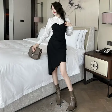 不规则拼接Polo领长袖连衣裙秋季女气质轻熟风显瘦修身小众包臀裙图片