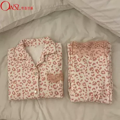 高级感韩版ins睡衣女秋冬季海岛绒保暖珊瑚绒豹纹家居服图片