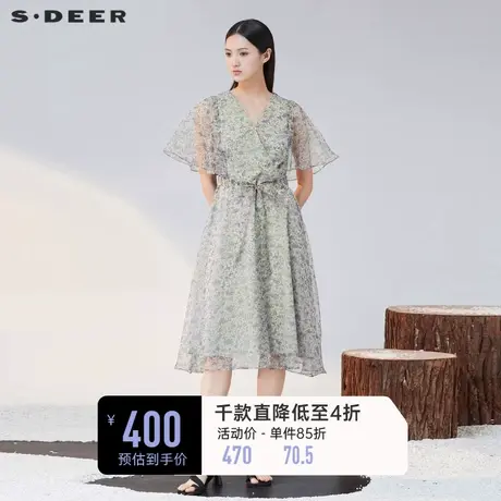 sdeer圣迪奥女装V领收腰碎花泡泡袖连衣裙S223Z123N图片