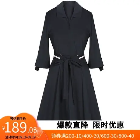 【艾格】2023春季新品V领中袖系带腰带收腰短裙连衣裙裙子女装图片