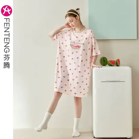 芬腾睡裙女短袖纯棉夏季薄款中长裙睡衣休闲宽松全棉家居服连衣裙图片