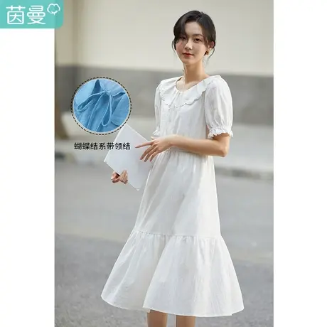 茵曼花边娃娃翻领连衣裙女2023夏季新款花苞袖气质纯棉提花伞裙子图片