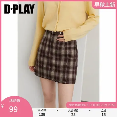DPLAY2025年秋季新款咖色格纹半身裙女复古短款A字裙子半裙短裙图片