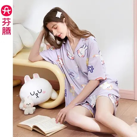 芬腾睡衣女布朗熊夏季纯棉薄款翻领短袖卡通可爱休闲韩版家居服图片