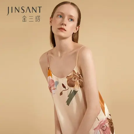 金三塔丝滑舒适 真丝蔷薇花开吊带睡裙女桑蚕丝可外穿睡衣女图片