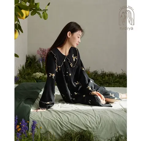 妮狄娅2024睡衣睡裙女春秋季纯棉纱布长袖宽松中长款可外穿家居服图片