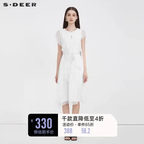 sdeer圣迪奥小众设计连衣裙女条纹网纱收腰长裙S223Z123V图片