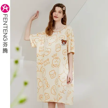 芬腾睡裙女士夏季纯棉短袖圆领连衣裙卡通薄款休闲全棉睡衣家居服图片