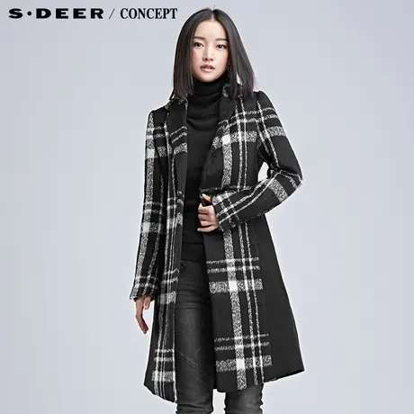 sdeer圣迪奥女2018冬装复古英伦格纹翻领呢大衣S16481897图片