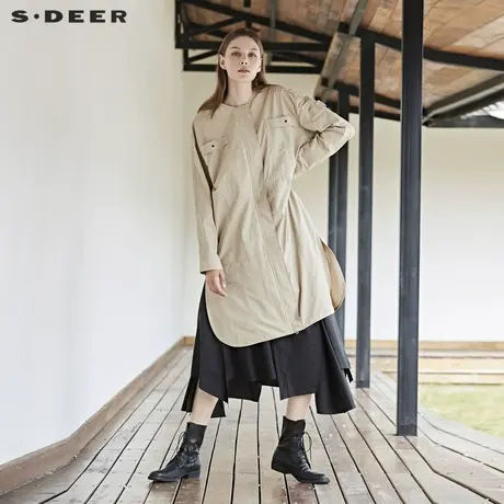 sdeer圣迪奥春秋素朴圆领贴袋装饰开衩摆直筒宽松风衣女S19161801图片