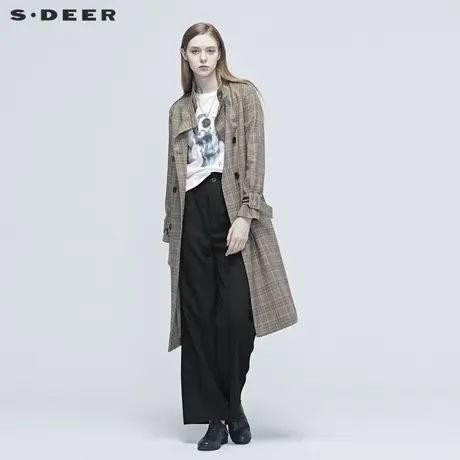 sdeer圣迪奥女装春秋款时尚格纹拼接收腰长款风衣外套S20381820图片