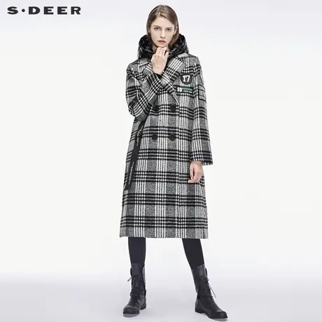 sdeer圣迪奥冬连帽飘带复古格纹羽绒马甲毛呢大衣两件套S18481824图片